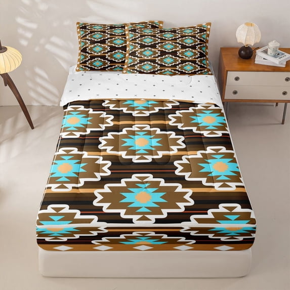 jejeloiu Tribal Aztec Zipper Twin Comforter Sets with Fitted Sheet and 2 Pillowcases,Geometric Pattern Zipper Bedding Set For Boys,Brown Turquoise,Reversible,4 Pieces