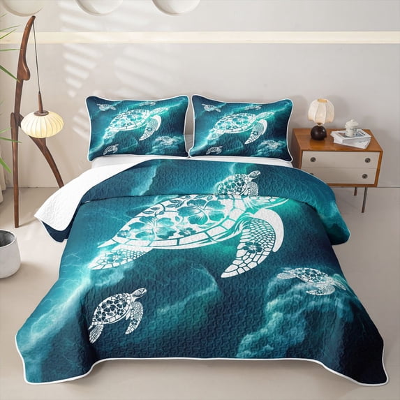 jejeloiu Tribal Sea Turtle Twin Quilt Set Kids,Ocean Animal Print Twin Coverlet Set,2pcs