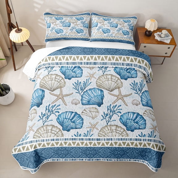 jejeloiu Tribal Shell Pattern Bed Spread Queen Kids,Coastal Ocean Style Queen Coverlet Set,3pcs