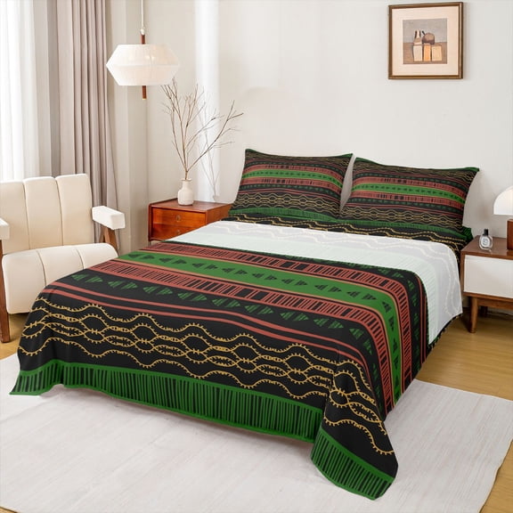 jejeloiu Tribal Stripes Queen Sheets For Men Women,Ethnic Pattern Queen Sheet Sets,Green Black,4pcs,1 Flat Sheet, 1 Fitted Sheet and 2 Pillowcases