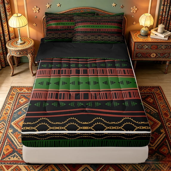 jejeloiu Tribal Stripes Zipper Full Size Comforter Sets with Fitted Sheet and 2 Pillowcases For Men Women,Ethnic Pattern Zipper Bedding Set,Green Black,Black Reversible,4 Pieces
