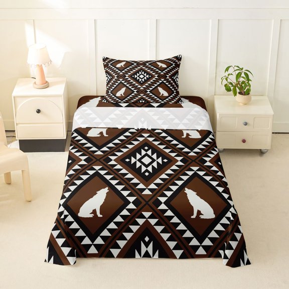 jejeloiu Tribal Wolf Twin Sheets,Geometric Pattern Bedding For Boys,Brown White,3 Pieces,1 Fitted Sheet and 1 Pillowcase