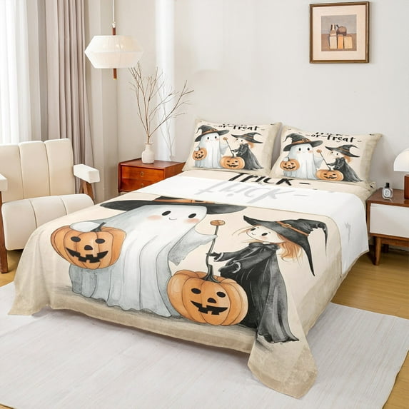 jejeloiu Trick Or Treat Twin Sheet Sets,Lovely Witch Ghost Twin Fitted Sheet,Happy Halloween Pumpkin Flat Sheet For Child,Breathable Home Decor,3pcs