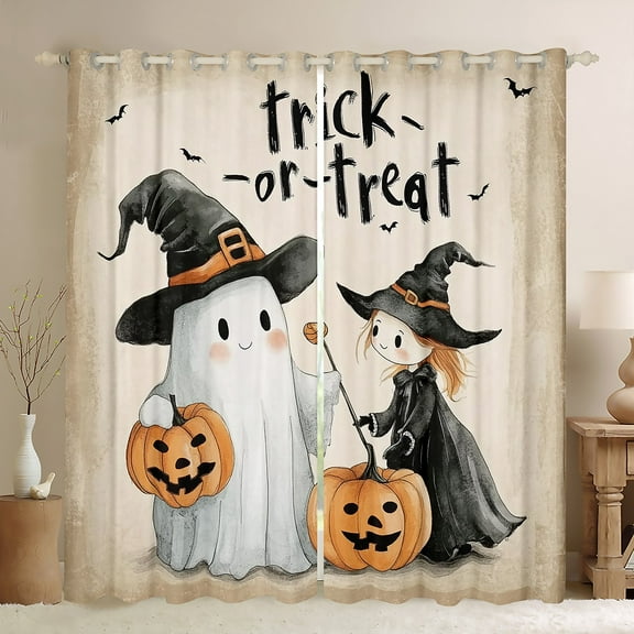 jejeloiu Trick Or Treat Black Out Curtains,Lovely Witch Ghost Curtains Pack of 2 (42x63 Each),Happy Halloween Pumpkin Bedroom Curtains For Child,Breathable Home Decor