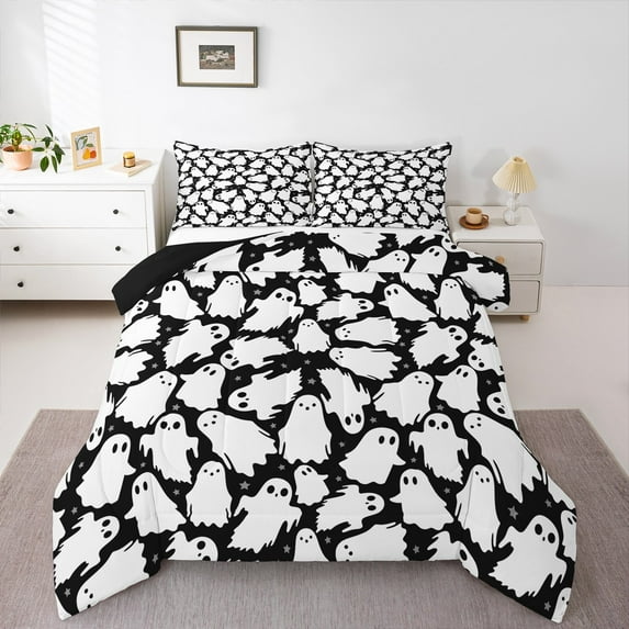 jejeloiu Trick Or Treat Queen Comforter Set,Spooky White Ghost Bedding Sets,Happy Halloween Bedding Comforter Set For Child,Breathable Home Decor Reversible,3-Piece