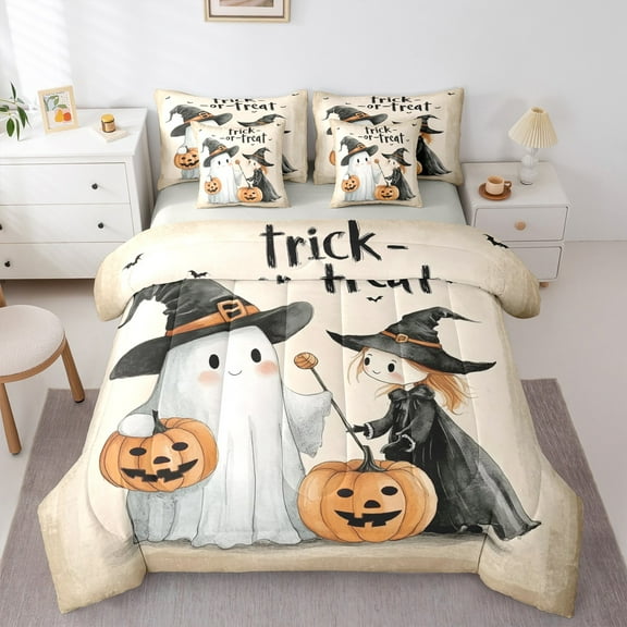 jejeloiu Trick Or Treat Twin Bedding Sets 7-Piece,Lovely Witch Ghost Bedding Comforter Set,Happy Halloween Pumpkin Sheet Sets For Child,Breathable Home Decor Reversible