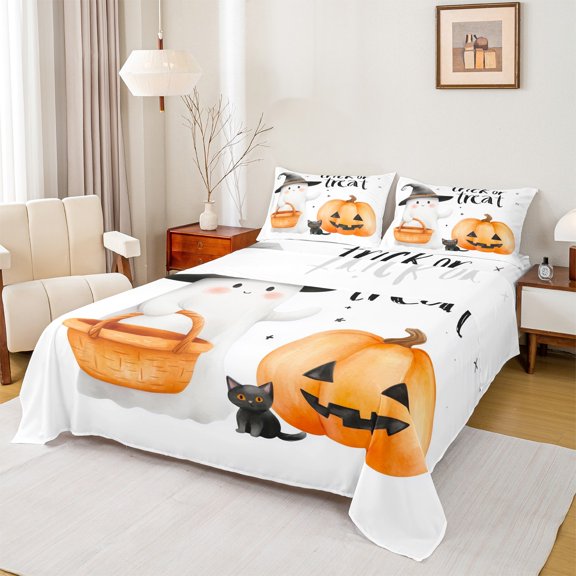 jejeloiu Trick Or Treat Twin Sheet Sets,Kawaii Halloween Ghost Twin Fitted Sheet,Cute Cat Pumpkin Lantern Flat Sheet For Kids Girls Boys,Luxury Bedroom Decor,3pcs