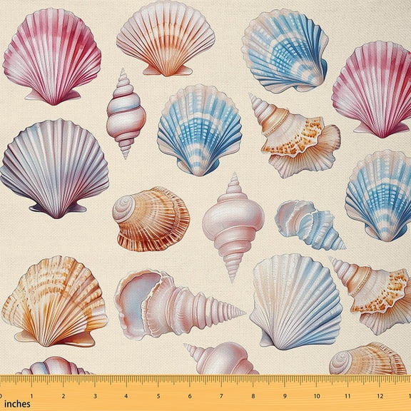 jejeloiu Tropical Beach Fabric by the Yard 3 Yards, Seashell Conch Starfish Sewing Fabric, Colorful Sealife Fabric for Sewing