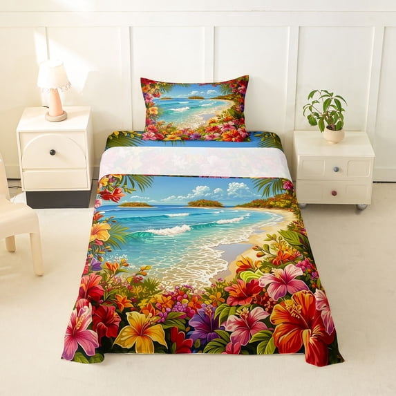 jejeloiu Tropical Beach Floral Twin Sheets,Hibiscus Print Bedding For Boys,Multicolor,3 Pieces,1 Fitted Sheet and 1 Pillowcase