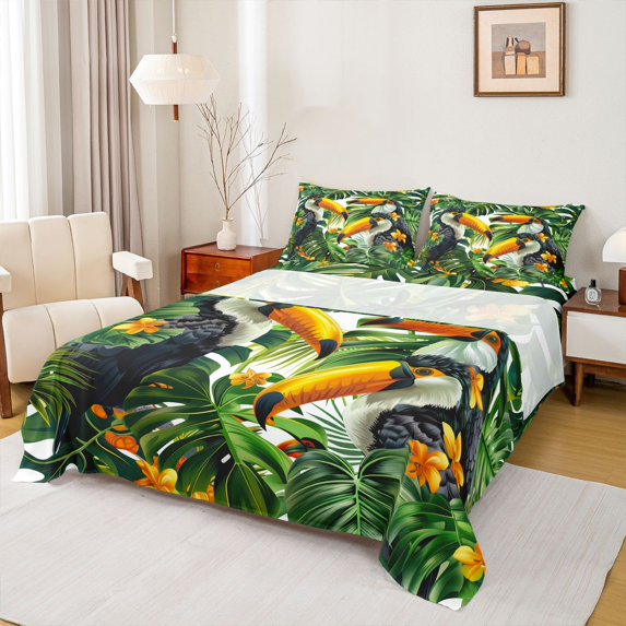 jejeloiu Tropical Bird Animal Queen Sheet Sets,Green Botanical Monstera Leaf Bed Set For Teens 4-Piece
