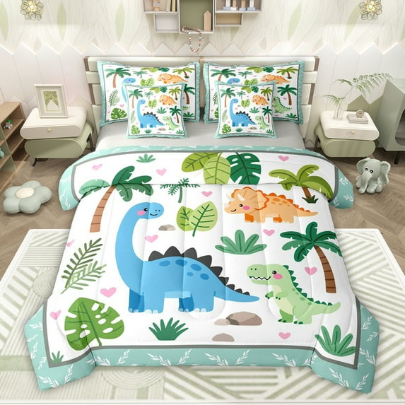 jejeloiu Tropical Botanical Coconut 7pcs Bedding Comforter Set,Multicolor Cute Dino Queen Bedding Sets For Kids Reversible