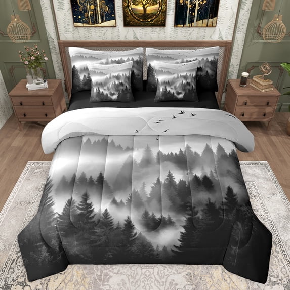 jejeloiu Tropical Botanical Pine 7 Pieces Bedding Comforter Set,Natural Landscape Mountain Full Bedding Set,Gray Black Fitted Sheet Flat Sheet For Adults,Luxury Bedroom Decor Reversible
