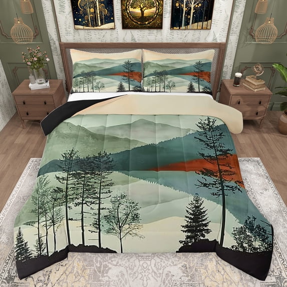 jejeloiu Tropical Botanical Pine Bedding Comforter Set,Natural Mountain Tree Twin Comforter Sets,Beige Teal Green Bedding Set For Men Women,Microfiber Bedroom Decor Reversible,2pcs