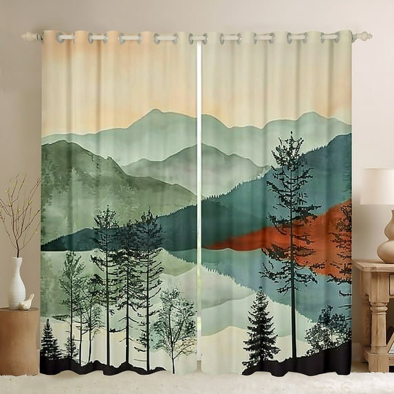 jejeloiu Tropical Botanical Pine Blackout Curtains Set of 2 (52x84 Each),Natural Mountain Tree Window Curtains,Beige Teal Green Curtains and Drapes For Men Women,Microfiber Bedroom Decor