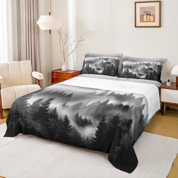 jejeloiu Tropical Botanical Pine Full Size Sheets,Natural Landscape Mountain Bed Sheets,Gray Black Sheet Sets For Adults,Luxury Bedroom Decor,4pcs