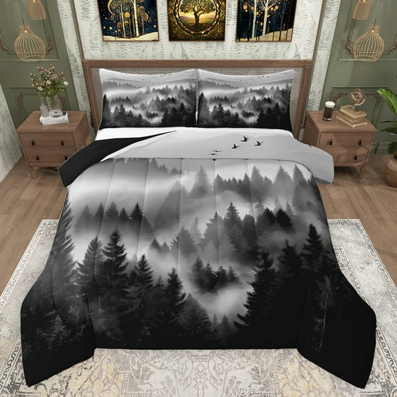 jejeloiu Tropical Botanical Pine Queen Comforter Set,Natural Landscape Mountain Bedding Sets,Gray Black Bedding Comforter Set For Adults,Luxury Bedroom Decor Reversible,3-Piece