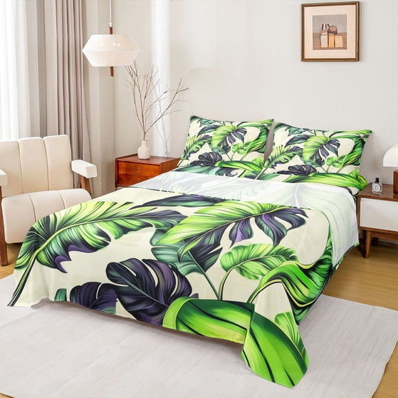 jejeloiu Tropical Botanical Theme Twin Sheet Sets,Monstera Leaf Twin Fitted Sheet,Green Beige Flat Sheet For Girls Boys,Super Cozy Room Decor,3-Piece