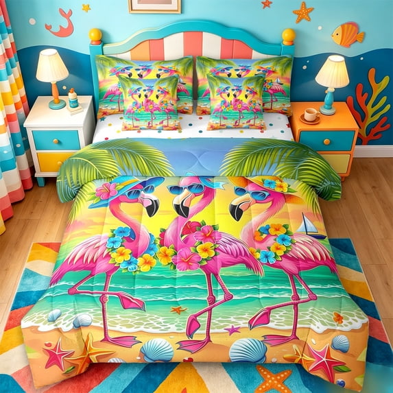 jejeloiu Tropical Flamingo 7-Piece Twin Bedding,Beach Flower Print Bedding Comforter Set For Boys,Multicolor,Polkadot Reversible