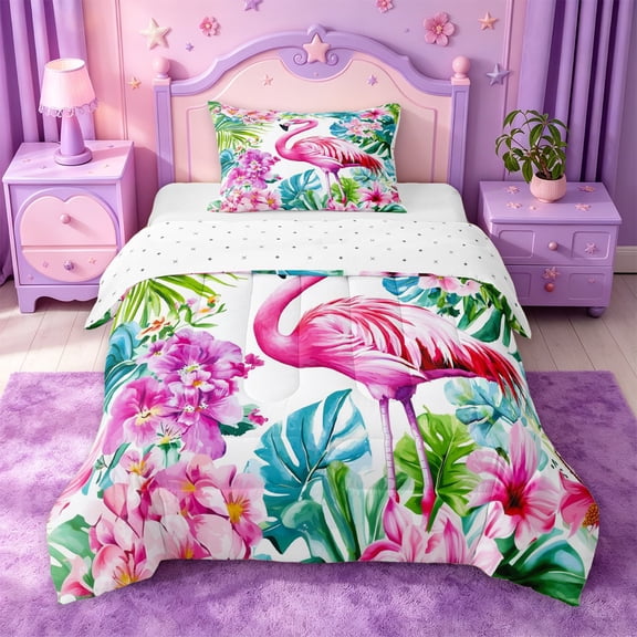 jejeloiu Tropical Flamingo Floral Twin Comforter Sets Kids,Green Monstera Leaf Bedding Set For Girls,Reversible,2pcs