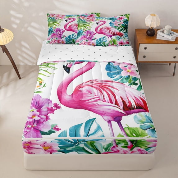 jejeloiu Tropical Flamingo Floral Zipper Twin Comforter Sets with Fitted Sheet and 2 Pillowcases Kids,Green Monstera Leaf Zipper Bedding Set For Girls,Reversible,4 Pieces
