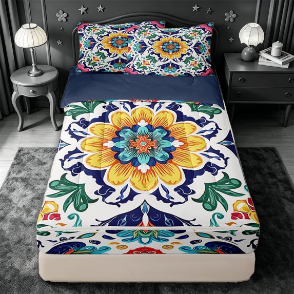 jejeloiu Tropical Floral Zipper Full Size Comforter Sets with Fitted Sheet and 2 Pillowcases For Men Women,Ancient Mandala Zipper Bedding Set,Multicolor White,Navy Blue Reversible,4 Pieces