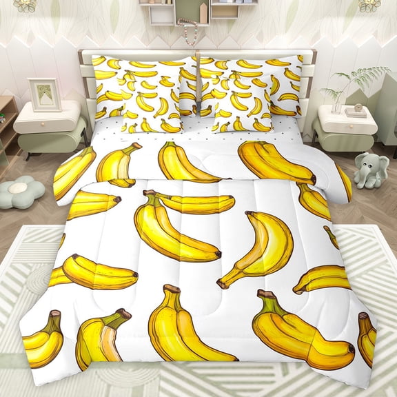 jejeloiu Tropical Fruit 7-Piece Bedding Comforter Set,Cartoon Banana King Bedding Sets,Yellow White Bed Sheets For Kids,Luxury Bedroom Decor Reversible