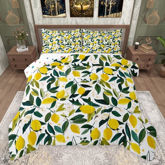 jejeloiu Tropical Fruit Lemon Bedding Comforter Set,Kawaii Flower Floral Twin Comforter Sets,Yellow Green White Bedding Set For Girls Teens,Microfiber Bedroom Decor Reversible,2pcs