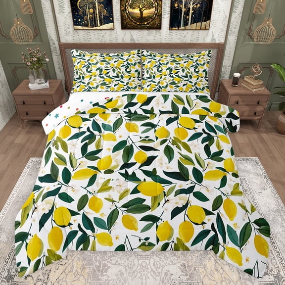 jejeloiu Tropical Fruit Lemon Full Size Comforter Sets,Kawaii Flower Floral Bedding Comforter Set,Yellow Green White Bedding Sets For Girls Teens,Microfiber Bedroom Decor Reversible,3-Piece