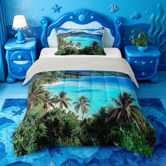 jejeloiu Tropical Island Holiday Twin Comforter Sets,Palm Tree Bedding Set For Boys,Turquoise Green,Light Gray Reversible,2 Pieces,1 Comforter and 1 Pillowcase