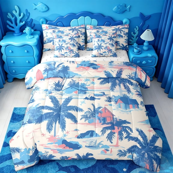 jejeloiu Tropical Island Pattern 7-Piece Twin Bedding,Palm Tree Print Bedding Comforter Set For Boys,Pink Blue,Reversible