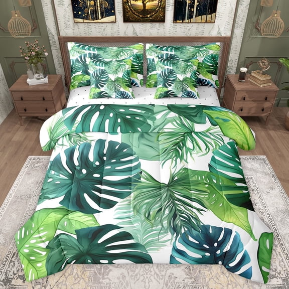 jejeloiu Tropical Monstera Leaf 7-Piece Twin Bedding Sets,Plam Plant Bedding Comforter Set,Green White Sheet Sets For Adults,Breathable Home Decor Reversible
