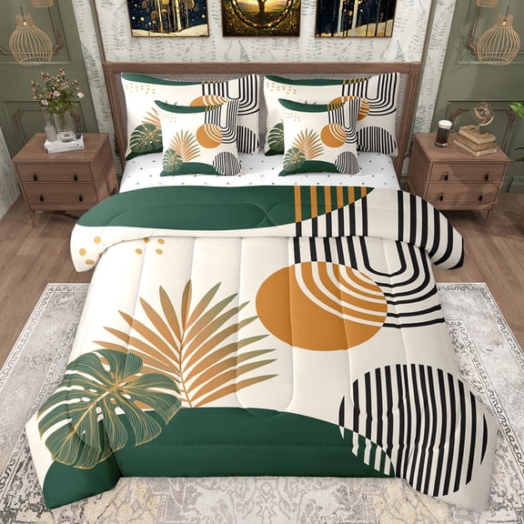 jejeloiu Tropical Monstera Leaf 7 Pieces Bedding Comforter Set,Abstract Geometric Stripe Circle Full Bedding Set,Green Beige Brown Fitted Sheet Flat Sheet,Super Cozy Room Decor Reversible