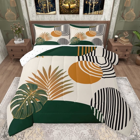jejeloiu Tropical Monstera Leaf Bedding Comforter Set,Abstract Geometric Stripe Circle Twin Comforter Sets,Green Beige Brown Bedding Set For Men Women,Super Cozy Room Decor Reversible,2 Pieces