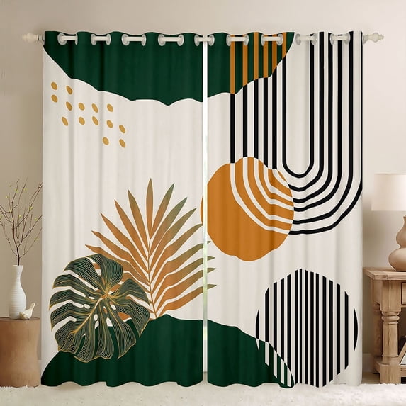jejeloiu Tropical Monstera Leaf Blackout Curtains Set of 2 (52x84 Each),Abstract Geometric Stripe Circle Window Curtains,Green Beige Brown Curtains and Drapes For Men Women,Super Cozy Room Decor