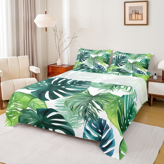 jejeloiu Tropical Monstera Leaf Full Size Sheets,Plam Plant Bed Sheets,Green White Sheet Sets For Adults,Breathable Home Decor,4-Piece