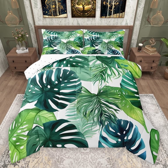 jejeloiu Tropical Monstera Leaf Queen Comforter Set,Plam Plant Bedding Sets,Green White Bedding Comforter Set For Adults,Breathable Home Decor Reversible,3 Pieces