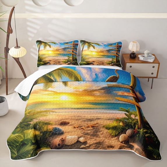jejeloiu Tropical Palm Sunset Twin Quilt Set For Girls,Sandy Beach Starfish Twin Coverlet Set,Bright Orange,2 Pieces