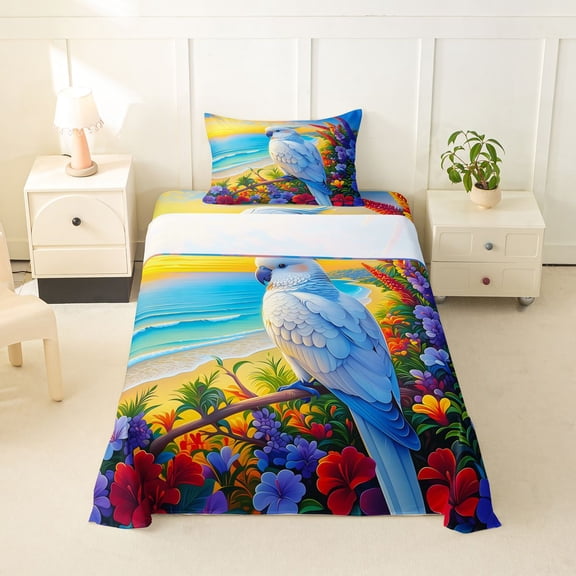 jejeloiu Tropical Parrot Twin Sheets,Floral Beach Print Bedding For Boys,Multicolor,3pcs,1 Fitted Sheet and 1 Pillowcase