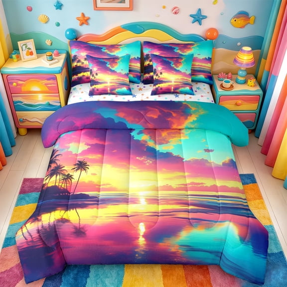 jejeloiu Tropical Sunset 7 Pieces Full Size Bedding Sets For Girls,Palm Tree Ocean Full Size Bed in a Bag,Multicolor,Colorful Stars Reversible