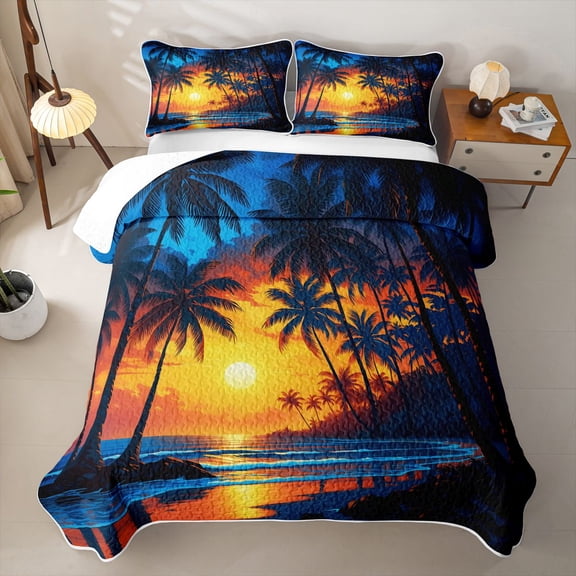 jejeloiu Tropical Sunset Bed Spread Queen For Girls,Sea Beach Palm Print Queen Coverlet Set,Multicolor,3pcs