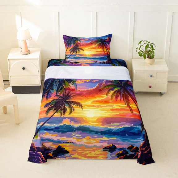 jejeloiu Orange Sunset Twin Sheets For Girls,Beach Palm Print Bedding,Multicolor,3 Pieces,1 Fitted Sheet and 1 Pillowcase