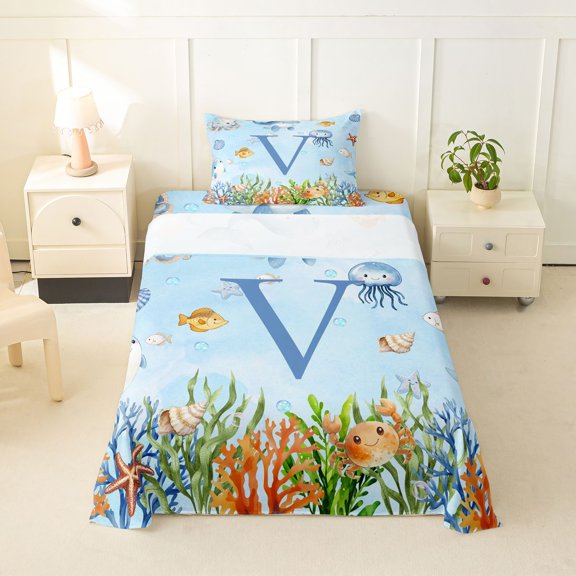jejeloiu Underwater Animal Monogram V Twin Sheet Sets For Kids,Ocean Sealife Initial Bedding,3-Piece