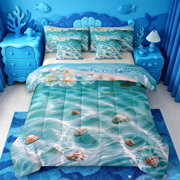 jejeloiu Underwater Shells 7 Pieces Full Size Bedding Sets,Pebble Beach Full Size Bed in a Bag For Boys,Teal White,Light Gray Reversible
