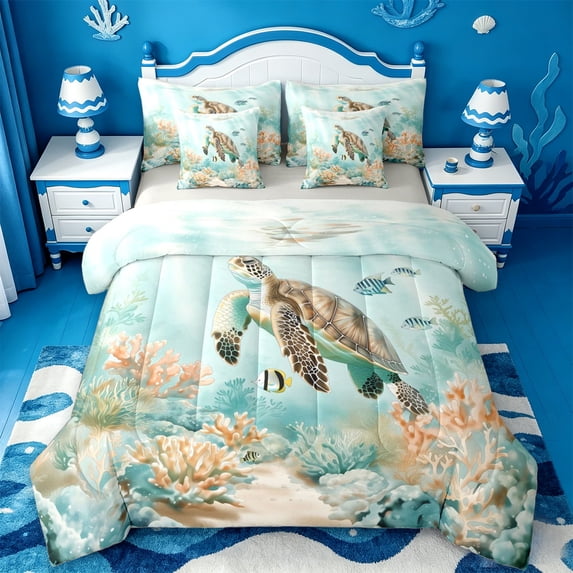 jejeloiu Underwater Turtle Art 7-Piece Twin Bedding Sets Kids,Ocean Coral Print Bedding Comforter Set,Reversible