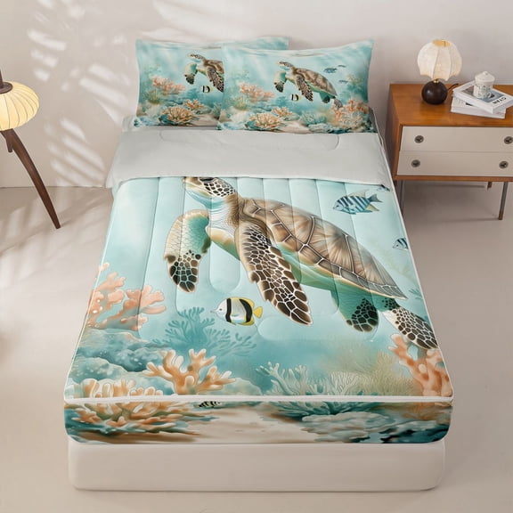 jejeloiu Underwater Turtle Art Zipper Twin Comforter Sets with Fitted Sheet and 2 Pillowcases Kids,Ocean Coral Print Zipper Bedding Set,Reversible,4-Piece