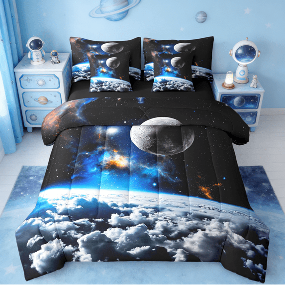 jejeloiu Universe Pattern Bedding Comforter Set 7-Piece,Space Theme King Bedding Sets,Galaxy Starry Night Bed Sheets Teens,Super Cozy Room Decor Reversible