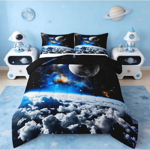 jejeloiu Universe Pattern Queen Comforter Set,Space Theme Bedding Sets,Galaxy Starry Night Bedding Comforter Set Teens,Super Cozy Room Decor Reversible,3 Pieces
