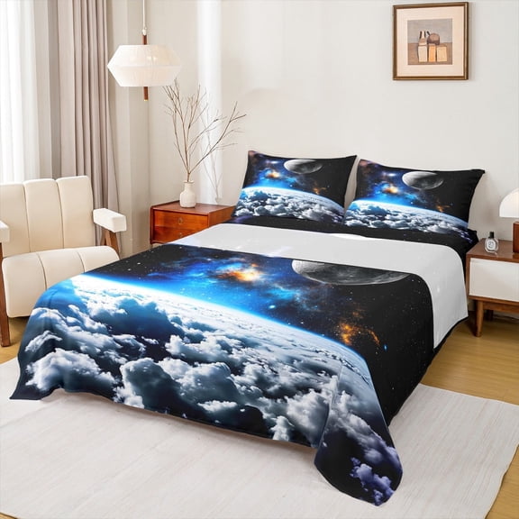 jejeloiu Universe Pattern Twin Sheet Sets,Space Theme Twin Fitted Sheet,Galaxy Starry Night Flat Sheet Teens,Super Cozy Room Decor,3pcs