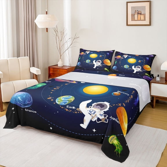 jejeloiu Universe Planet Bed Sheets,Cute Cartoon Astronaut King Sheets,Outdoor Space Sheet Set For Boys Kids,Breathable Home Decor,4 Pieces