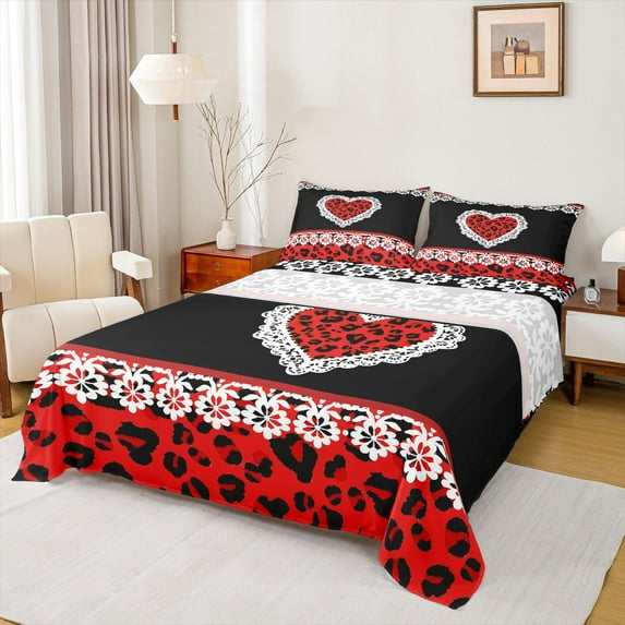 jejeloiu Valentine'S Day Gifts Full Size Sheets,Chic Leopard Print Bed Sheets,Red Black Sheet Sets For Girls Kids,Luxury Bedroom Decor,4 Pieces